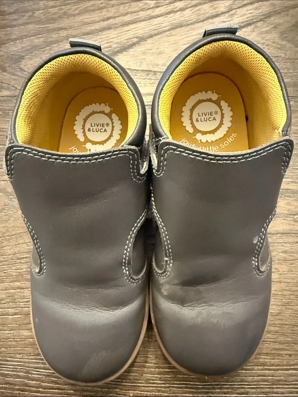 Livie & Luca Gray Leather Toddler Boots with Yellow Interior